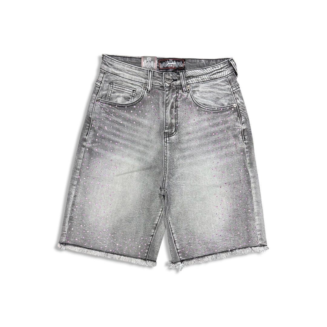 Denimicity Men's Grey/Pink Rhinestone Denim Shorts
