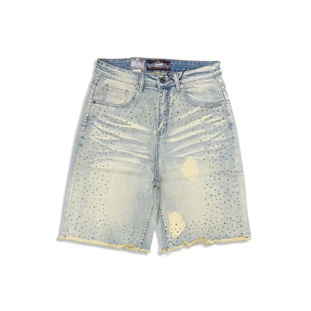 Denimicity Men's Vintage Wash Olive Rhinestone Denim Shorts