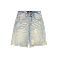 Denimicity Men's Vintage Wash Olive Rhinestone Denim Shorts