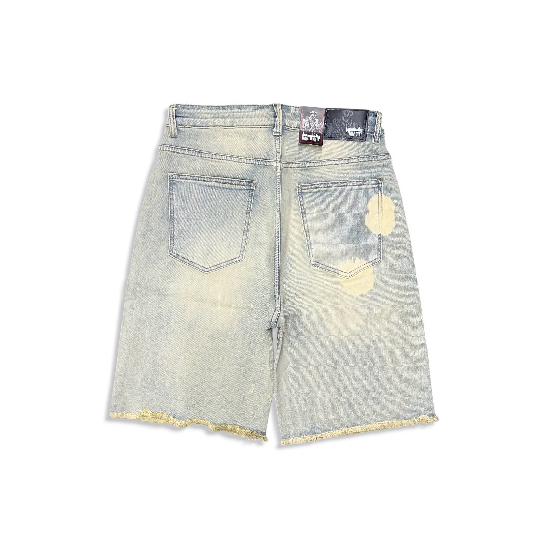 Denimicity Men's Vintage Wash Olive Rhinestone Denim Shorts