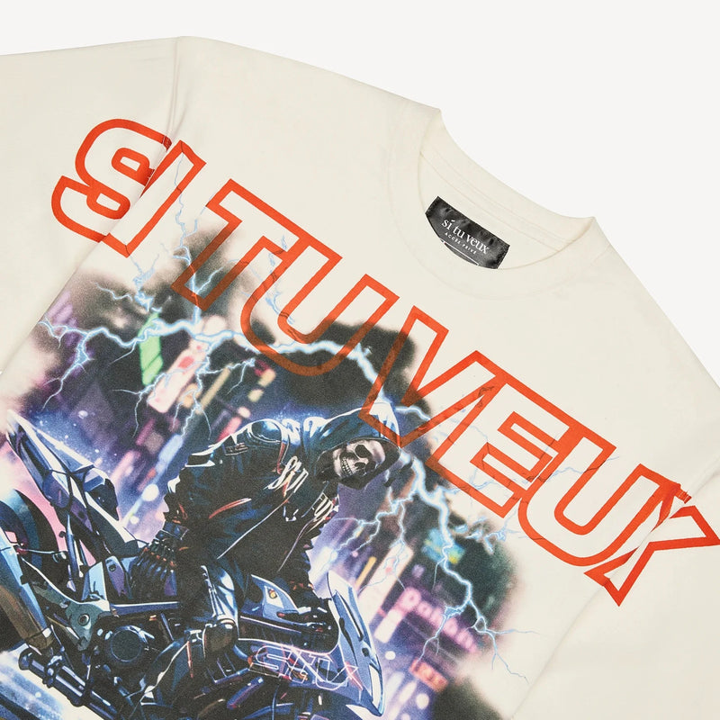 Si Tu Veux Denim Moto Club Graphic T-Shirt – White