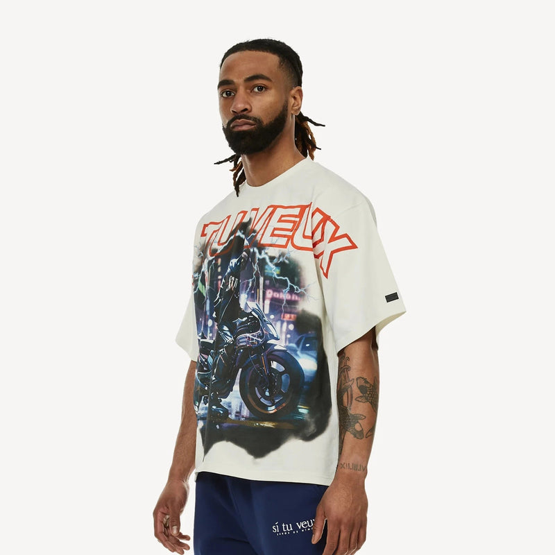 Si Tu Veux Denim Moto Club Graphic T-Shirt – White