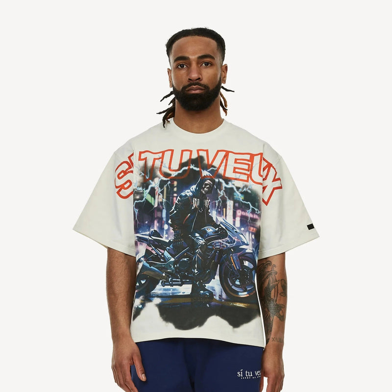 Si Tu Veux Denim Moto Club Graphic T-Shirt – White