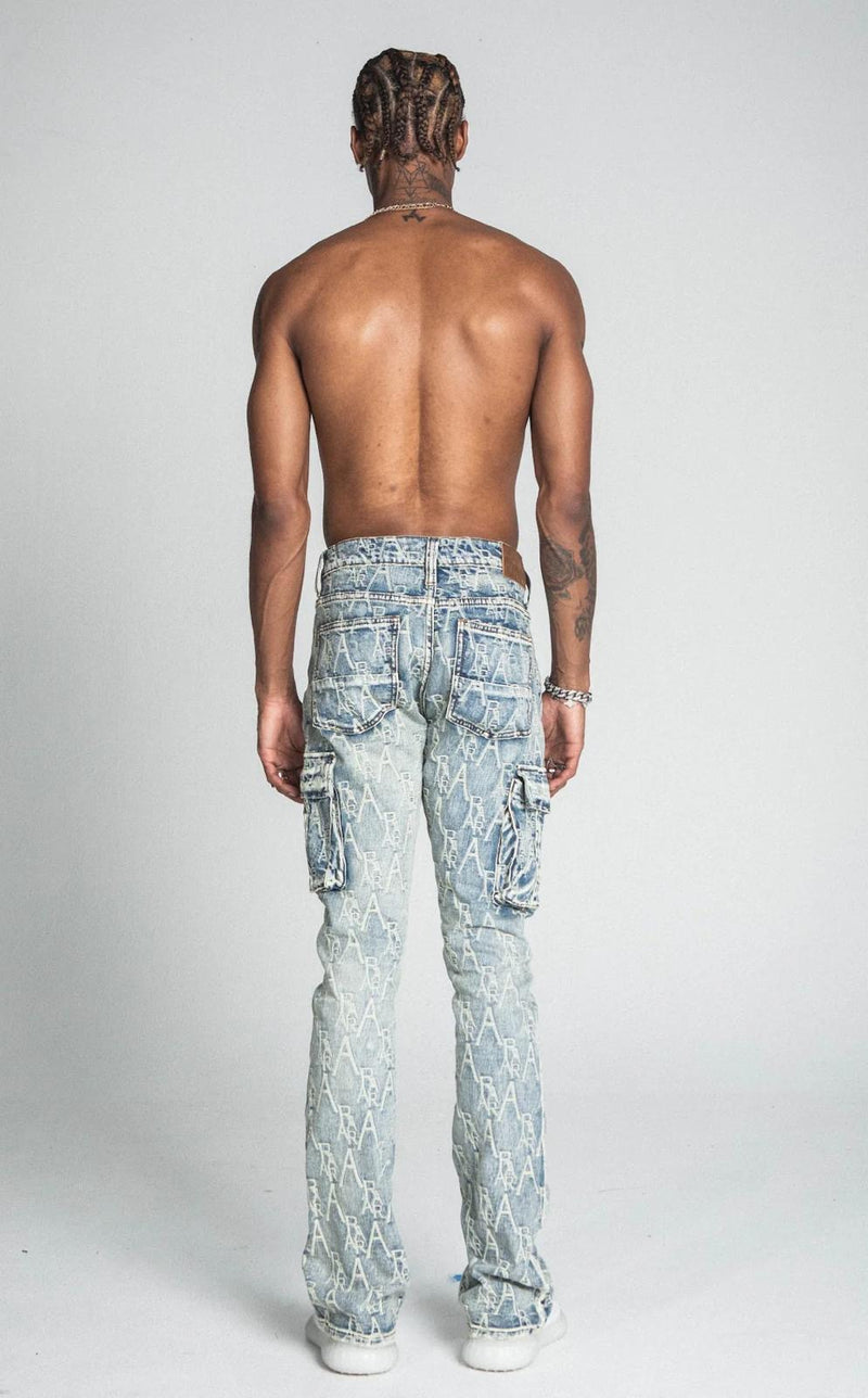Armor Jeans (Light Blue Logo embroidery Mid-Rise Vintage Cargo Stacked Jean)