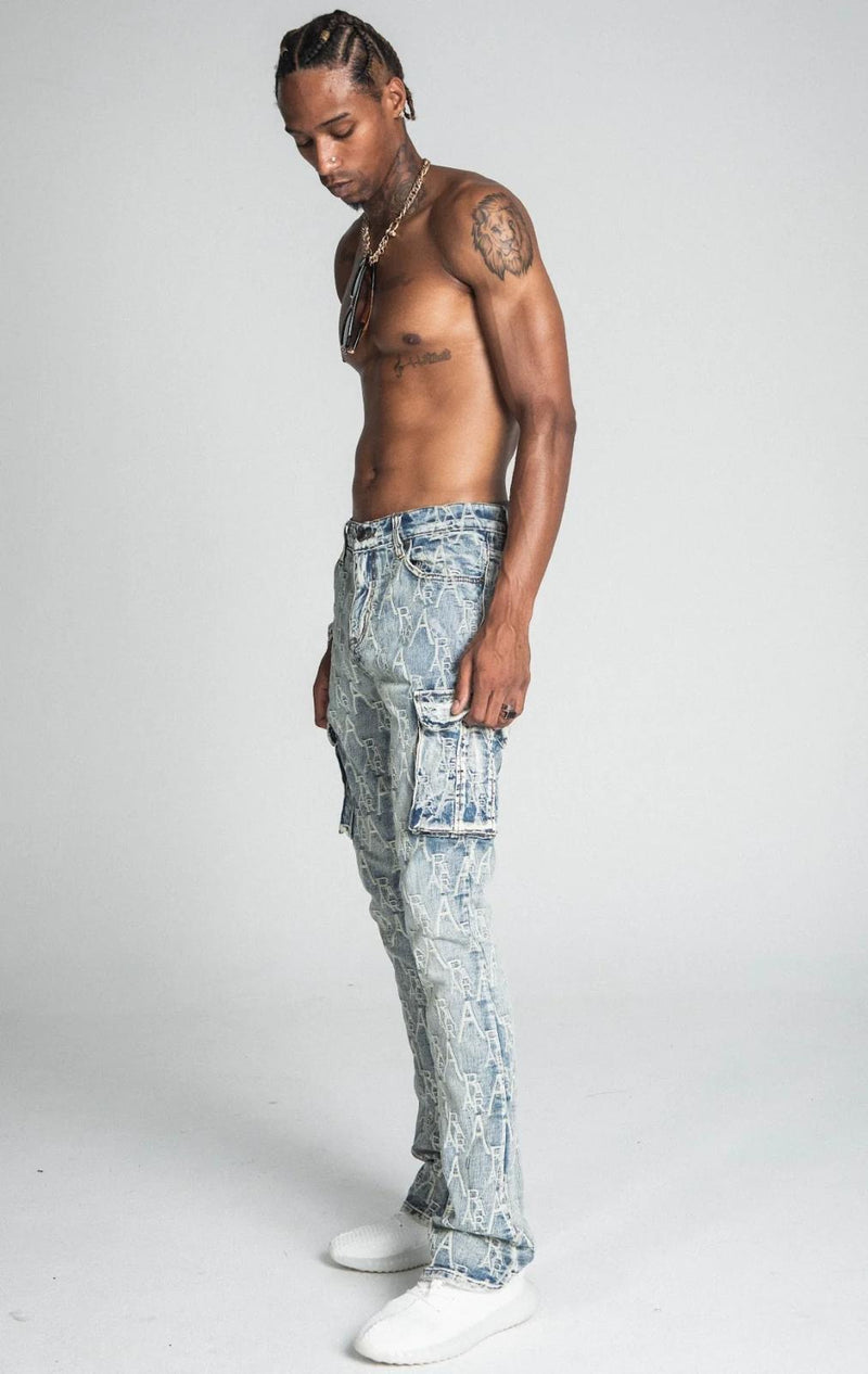 Armor Jeans (Light Blue Logo embroidery Mid-Rise Vintage Cargo Stacked Jean)