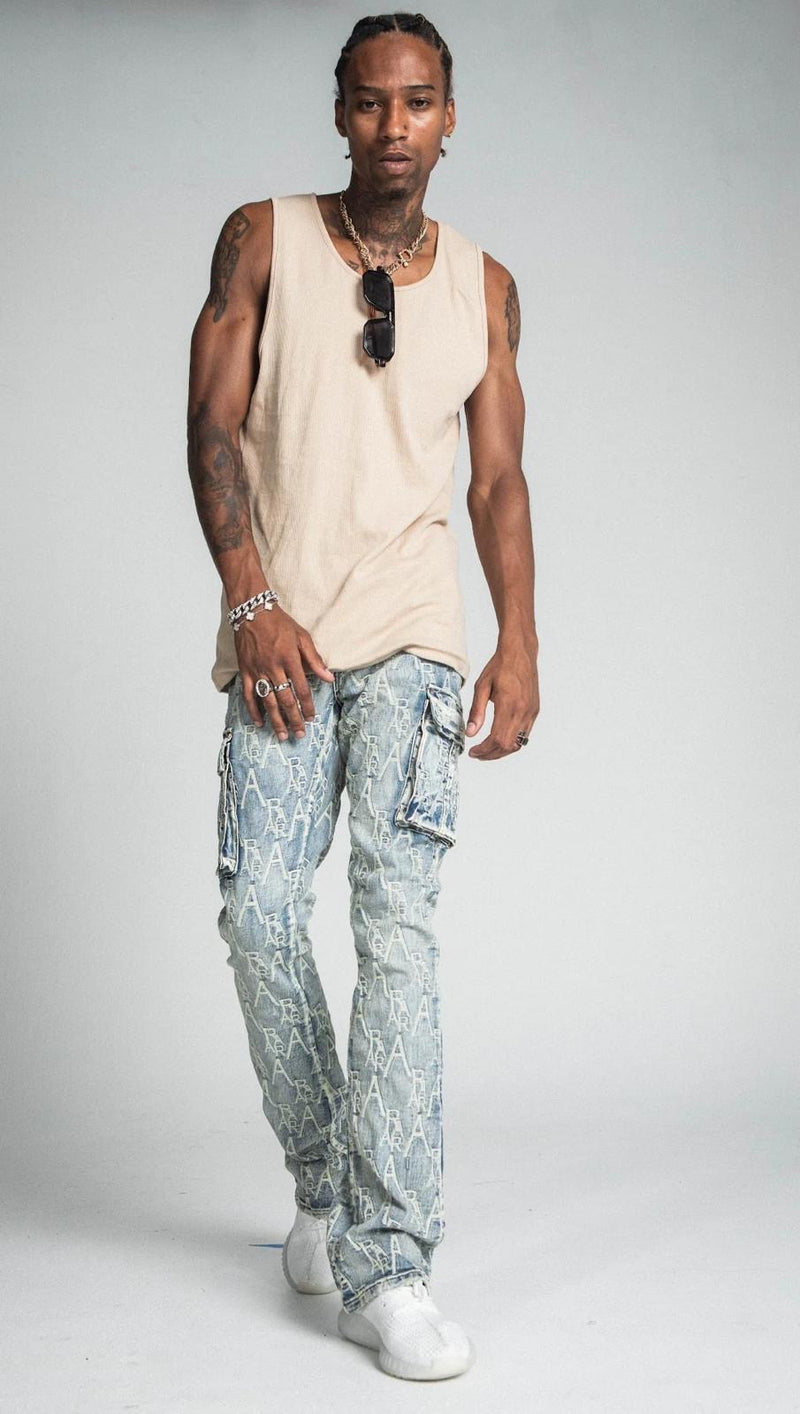 Armor Jeans (Light Blue Logo embroidery Mid-Rise Vintage Cargo Stacked Jean)