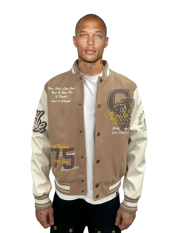 Avenue George (Beige/White 'Tiger Embroidered' varsity jacket)