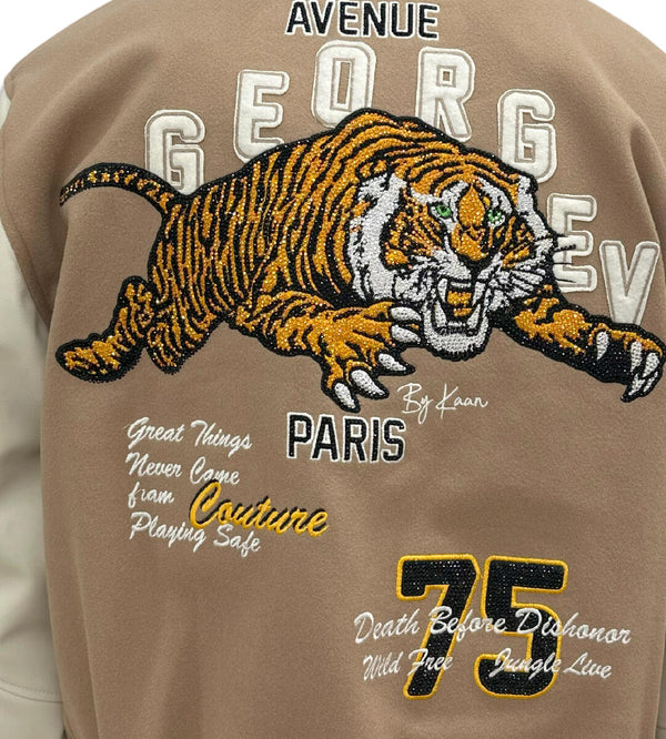 Avenue George (Beige/White 'Tiger Embroidered' varsity jacket)