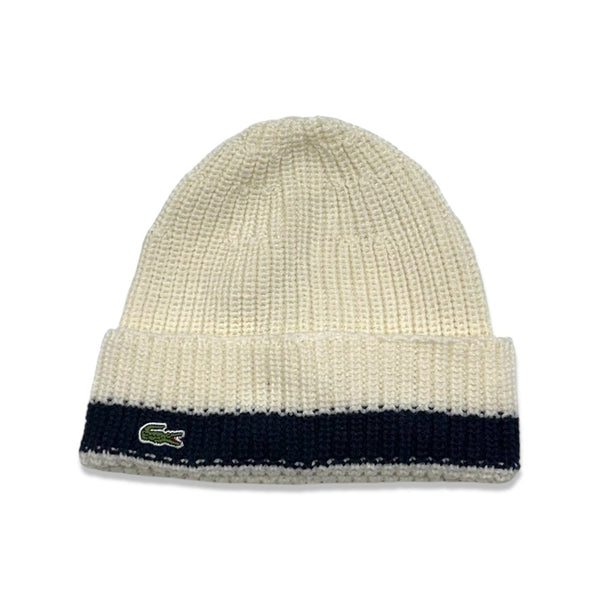 Lacoste (Men's white/ navy small croc ribbed wool beanie -166)