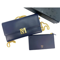 MCM Chain Wallet Leather Crossbody Bag Dark Navy Blue