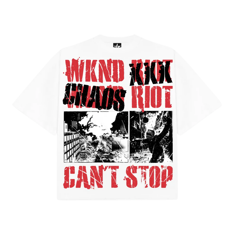 WKND Riot “Can’t Stop The Riot” Chaos Graphic T-Shirt – White