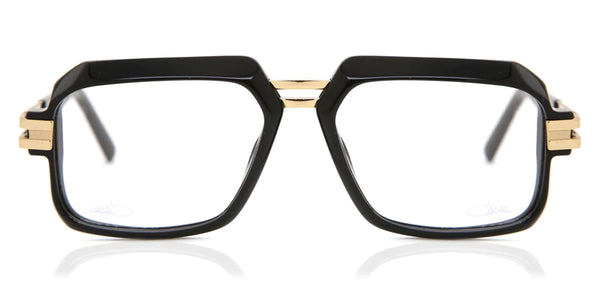 Front view of Cazal 6004 eyeglasses featuring a bold black rectangular frame with gold accents on the temples, combining vintage style with modern elegance.