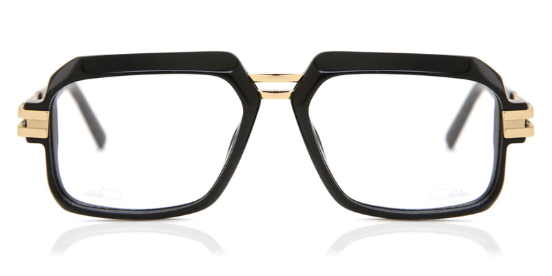 Front view of Cazal 6004 eyeglasses featuring a bold black rectangular frame with gold accents on the temples, combining vintage style with modern elegance.