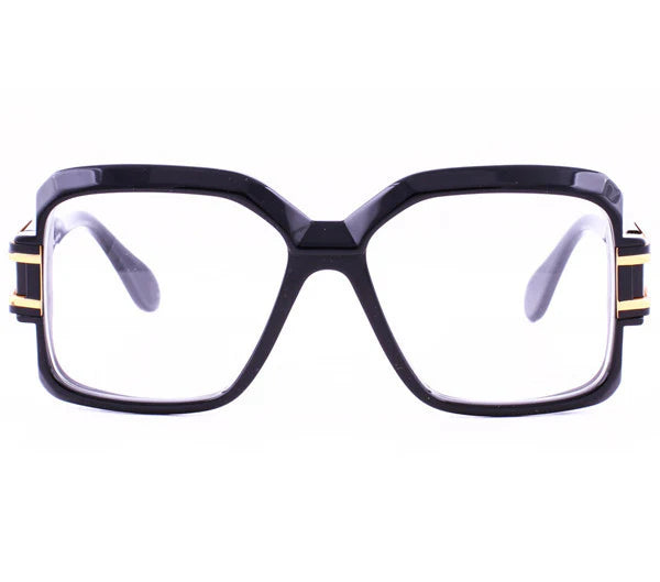 Front view of Cazal 623 eyeglasses featuring a bold black square frame with gold accents on the temples, showcasing a retro-inspired design.