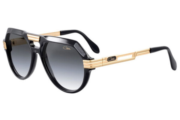 Side view of Cazal 657 sunglasses featuring a bold black frame with gold accents, gradient lenses, and iconic temple design for a statement look.