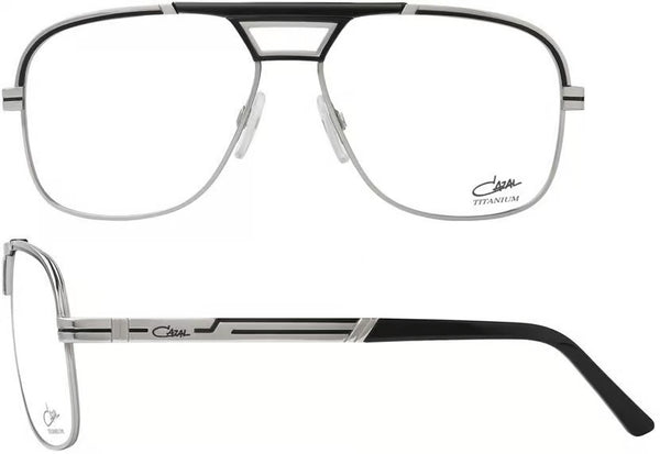 Front view of Cazal 7069 eyeglasses with a sleek geometric design, featuring a black frame with gold accents and clear lenses, offering a modern yet classic look.