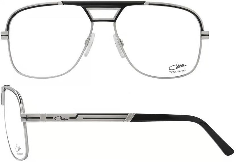 Front view of Cazal 7069 eyeglasses with a sleek geometric design, featuring a black frame with gold accents and clear lenses, offering a modern yet classic look.