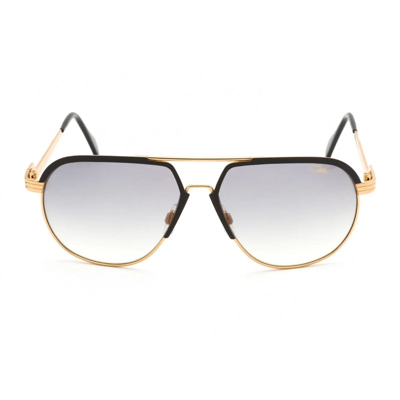 Front view of Cazal 9083 sunglasses featuring a matte black and gold aviator-style frame with grey gradient lenses, offering a blend of luxury and modern sophistication.