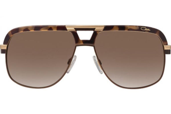 "Front view of Cazal 986 sunglasses featuring a tortoiseshell and gold aviator-style frame with brown gradient lenses, blending luxury with a vintage-inspired aesthetic.