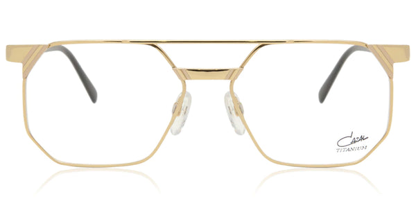 Front view of Cazal 743 titanium eyeglasses featuring a sleek gold geometric frame with clear lenses, combining modern design with lightweight durability