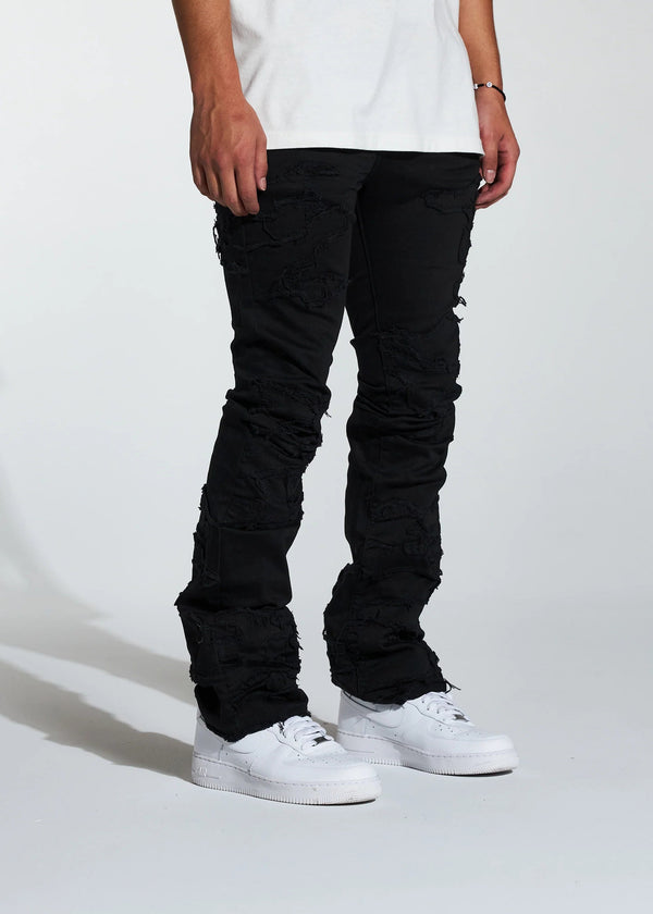 Crysp Denim (Black Distress Arch Stacked Flare Denim Jean -25)