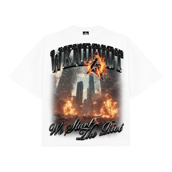 WKND Riot “Downtown Riot” Rhinestone Graphic T-Shirt – White