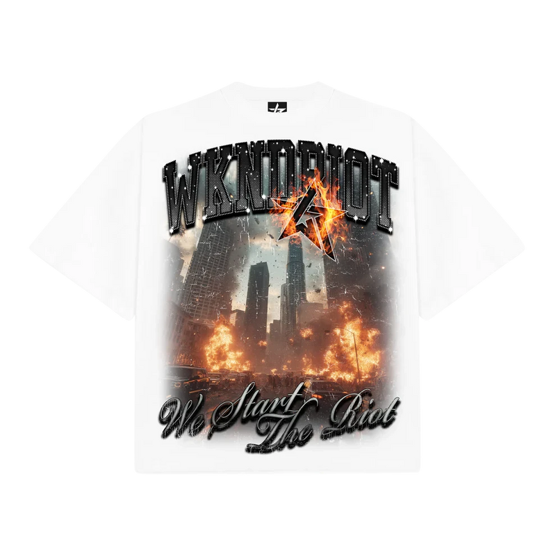 WKND Riot “Downtown Riot” Rhinestone Graphic T-Shirt – White