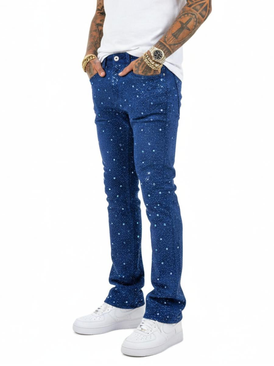 Vicious Denim Men's Stacked Embellished Jeans Royal Blue