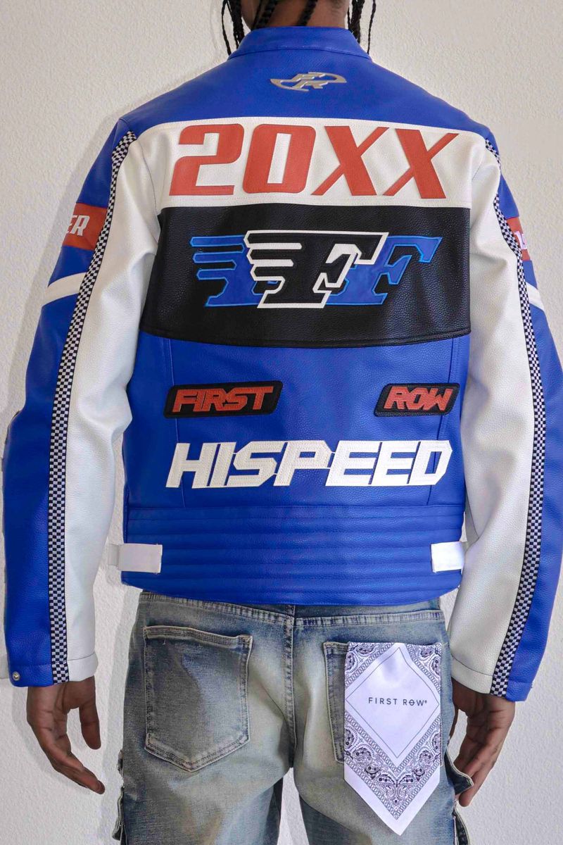 First Row (blue contrast motor racing leather jacket)