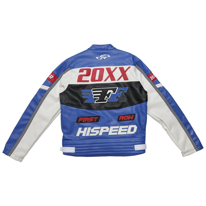 First Row (blue contrast motor racing leather jacket)