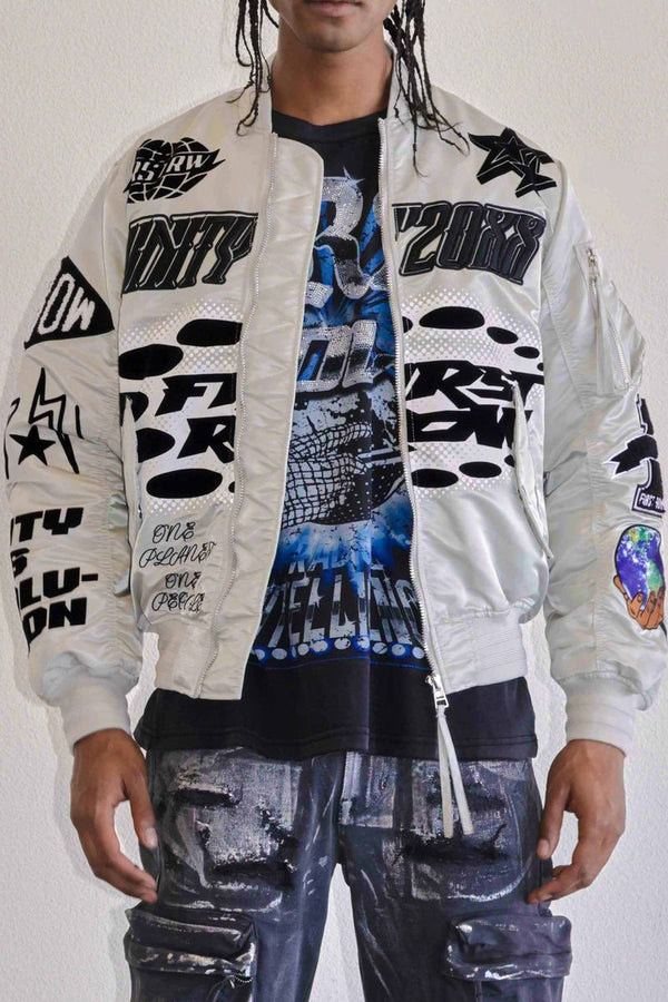 First Row (Light grey unity multi patches jacket)