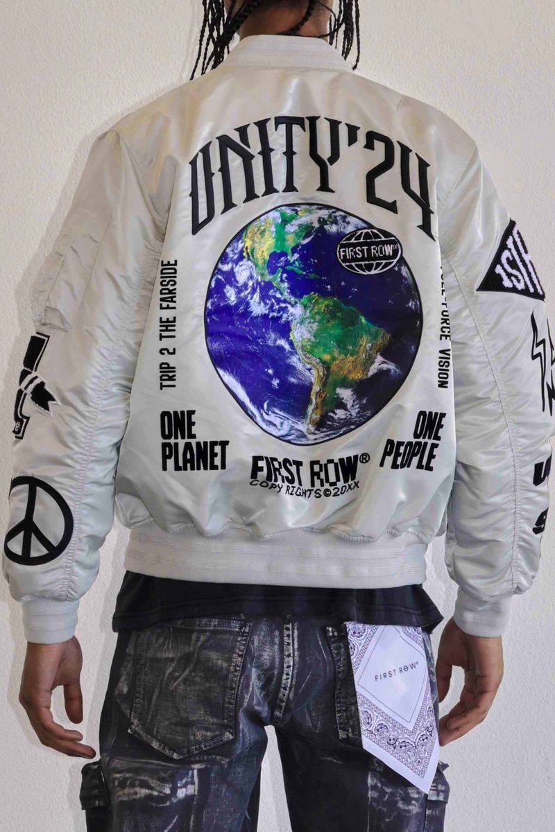 First Row (Light grey unity multi patches jacket)