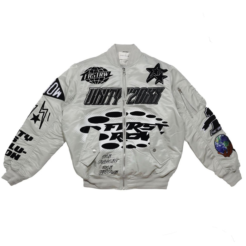 First Row (Light grey unity multi patches jacket)