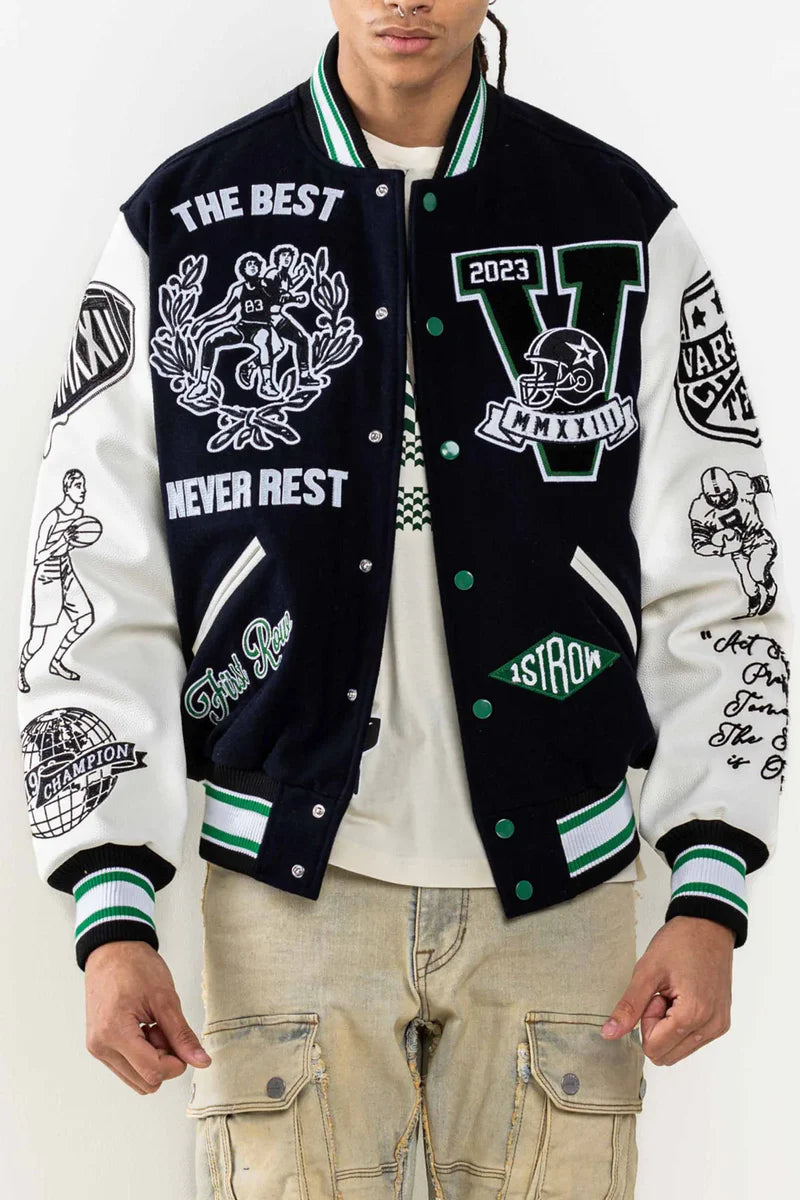 First Row Navy All Field The Best Never Rest Varsity jacket