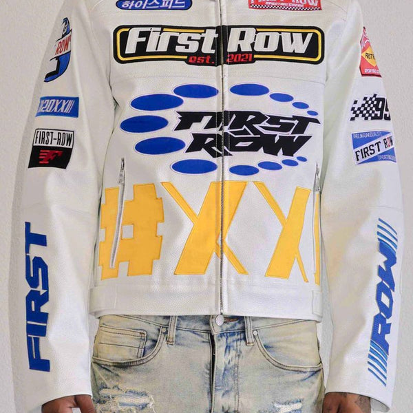 First Row (White contrast motor racing leather jacket) – Vip Clothing Stores