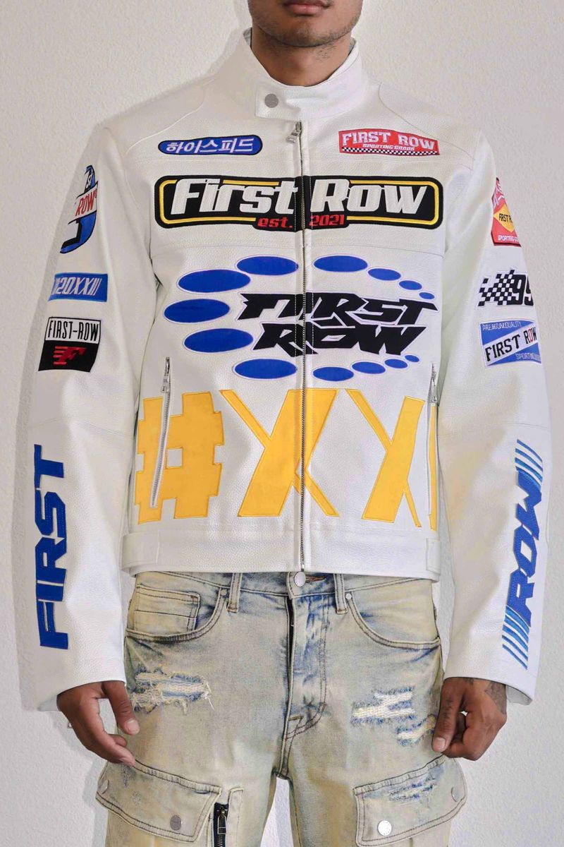 First Row (White contrast motor racing leather jacket)