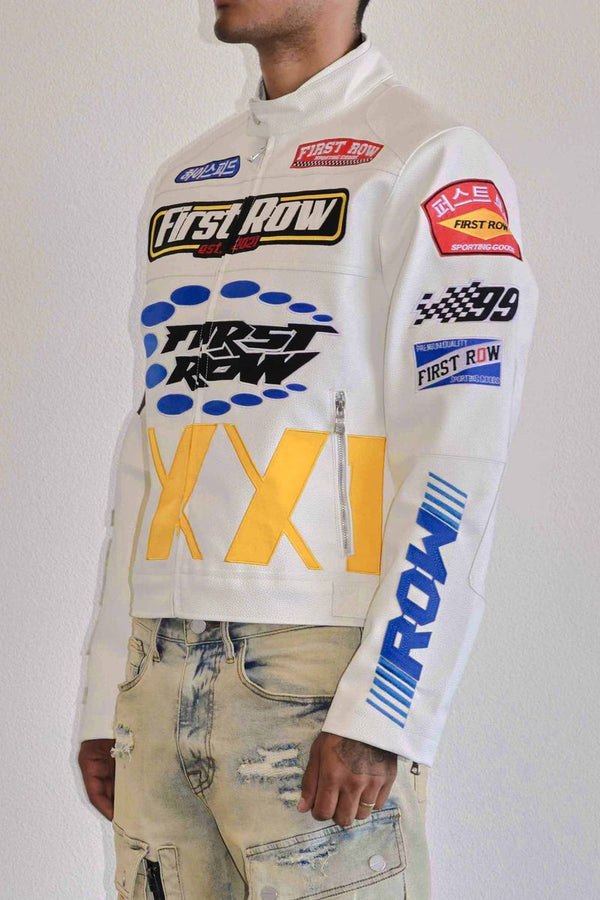 First Row (White contrast motor racing leather jacket)