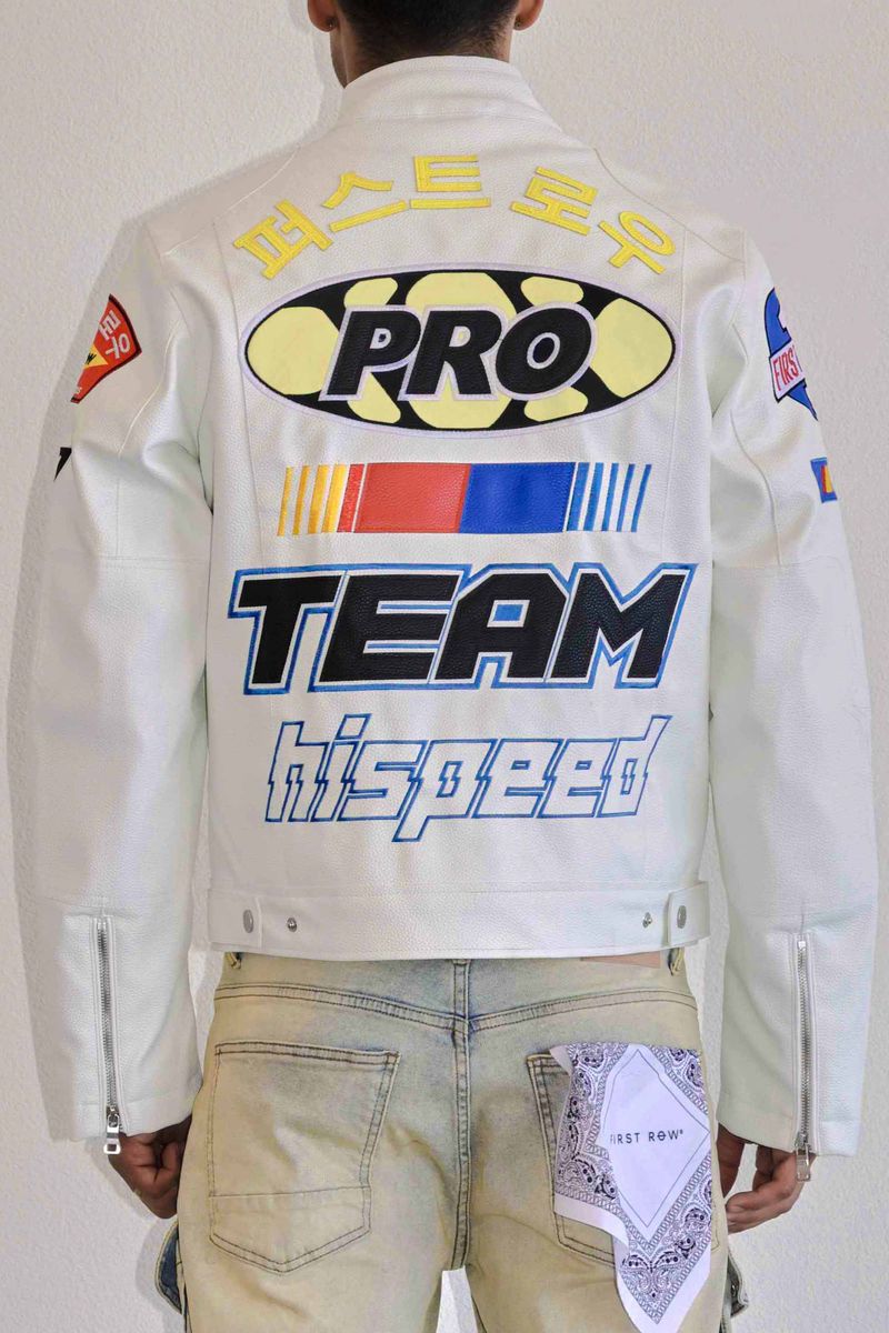 First Row (White contrast motor racing leather jacket)