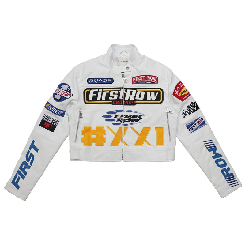 First Row (White contrast motor racing leather jacket)