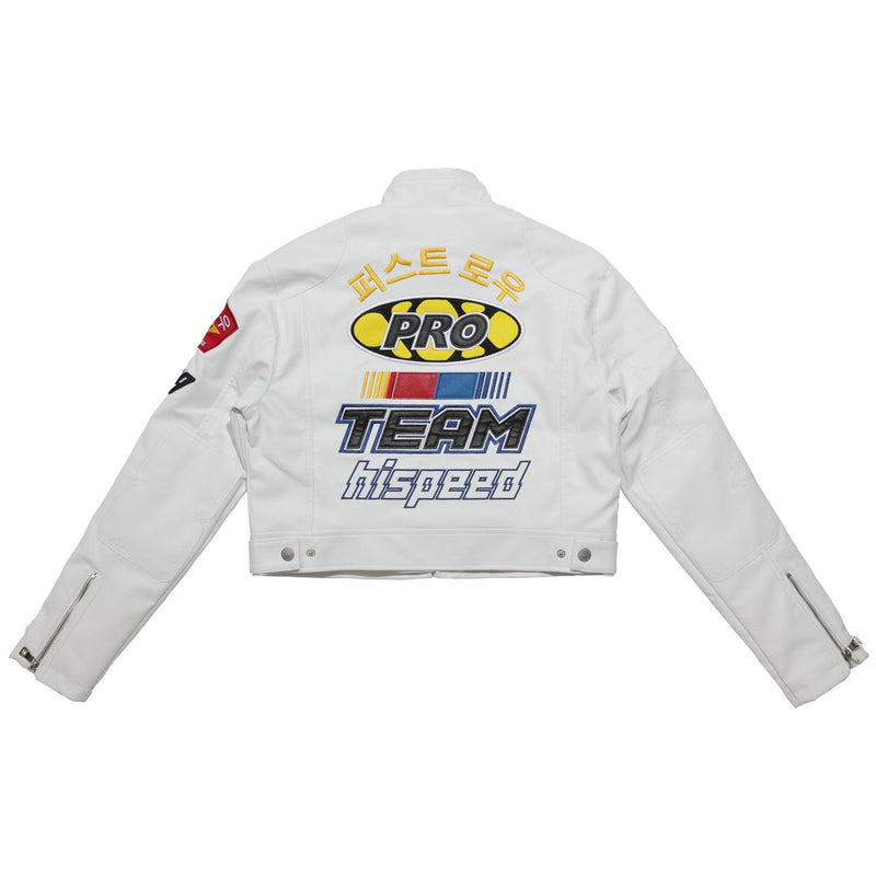 First Row (White contrast motor racing leather jacket)