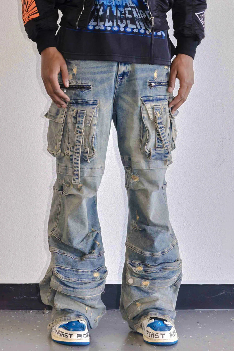 First Row (stone tint  y2k utility cargo denim pant)