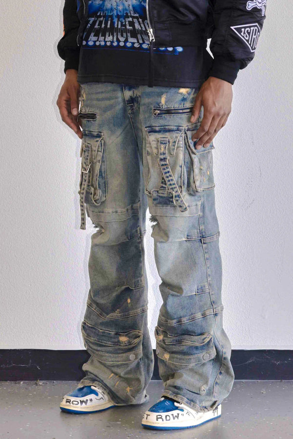 First Row (stone tint  y2k utility cargo denim pant)