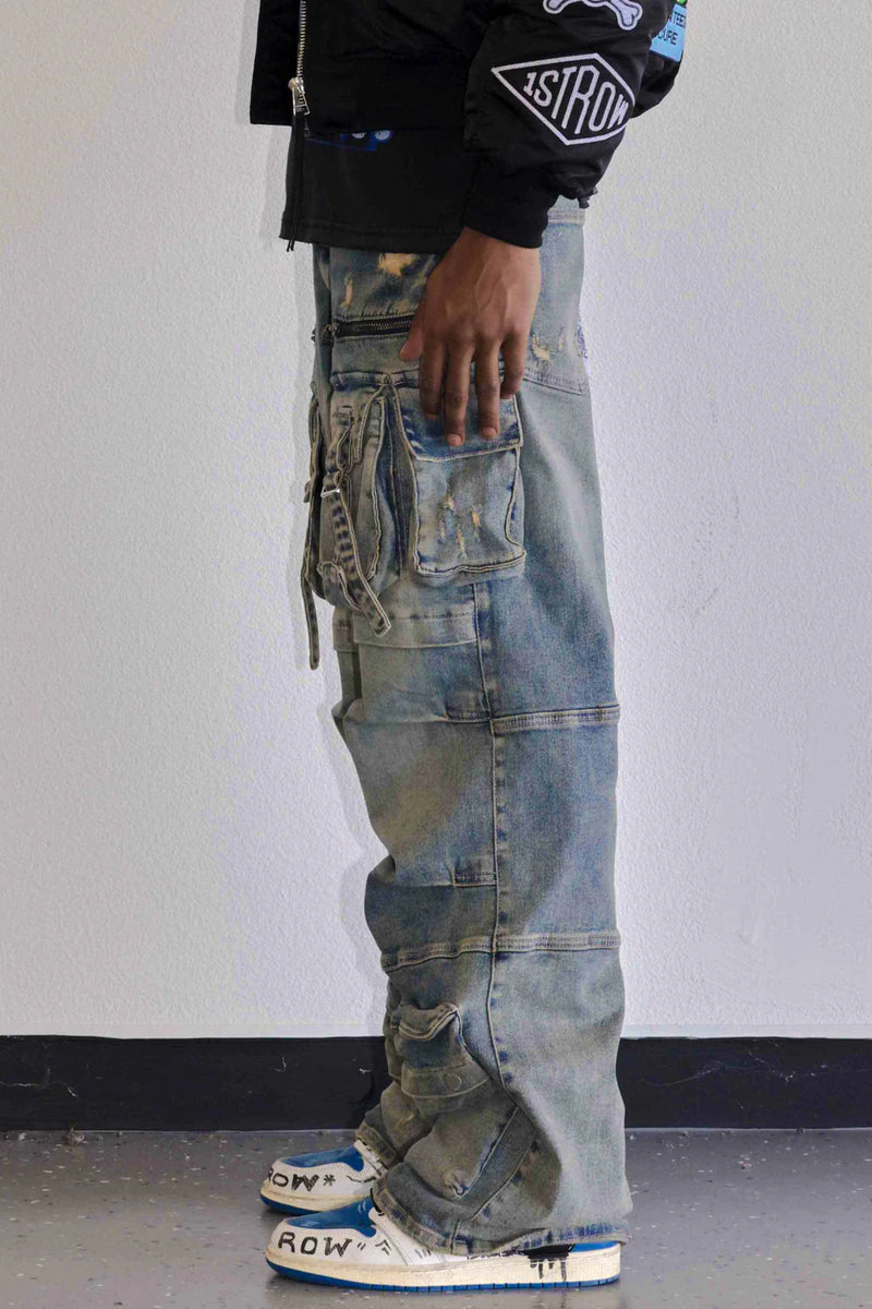 First Row (stone tint  y2k utility cargo denim pant)