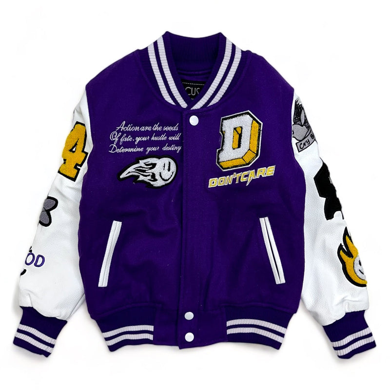 focus (kids purple "The world is yours varsity jacket)