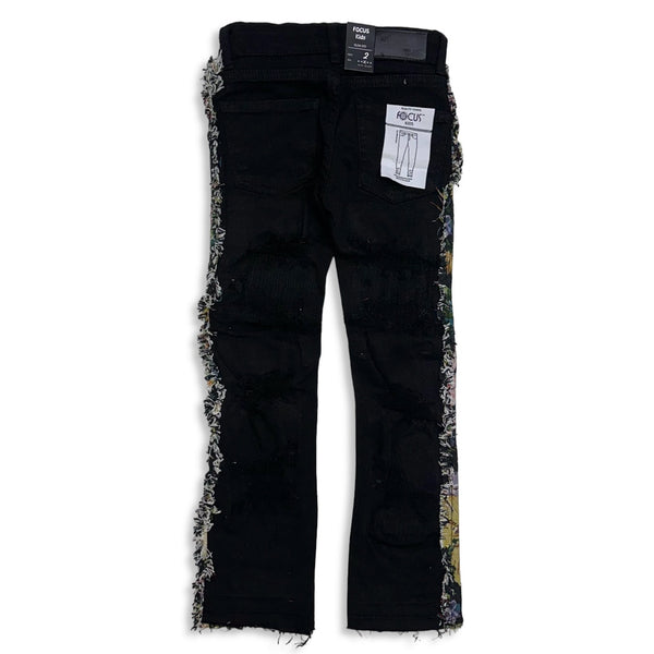 Focus Denim (kids Black floral flare stacked cut jean)