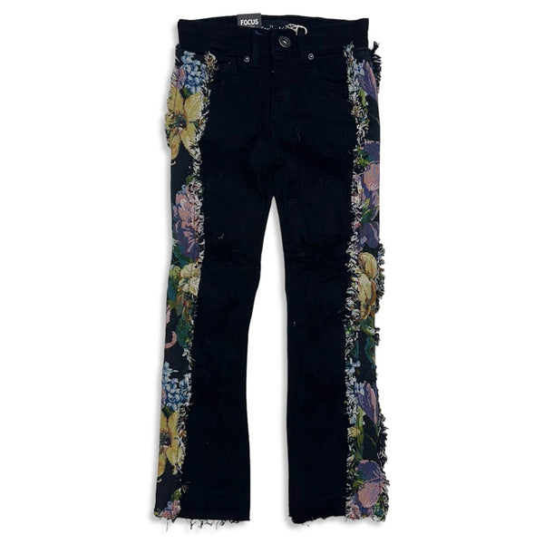 Focus Denim (kids Black floral flare stacked cut jean)