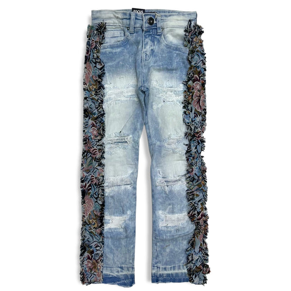 Focus Denim (kids Blue floral flare stacked cut jean)