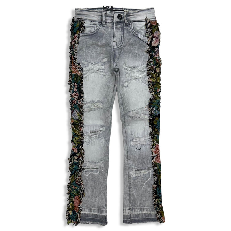 Focus Denim (kids grey floral flare stacked cut jean)