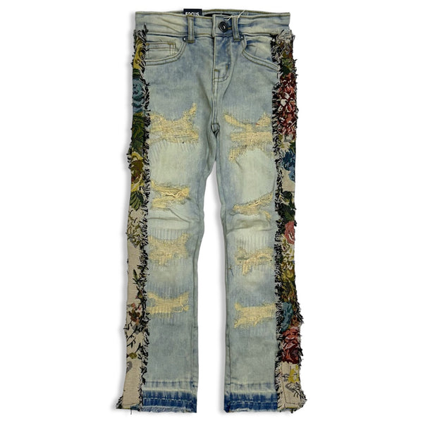 Focus Denim (kids tan floral flare stacked cut jean)