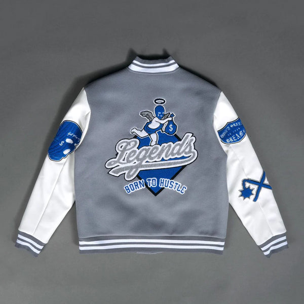 Hasta Muerte (White/Grey 'Born to hustle Letterman' Varsity Jacket)